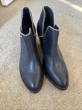 Stud-Trim Black Real Leather Ankle Booties